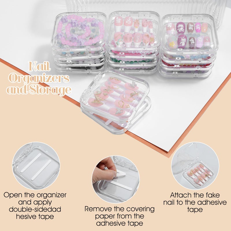 Lemecima Press On Nail Orgnizer 14 PCS Clear Press On Nail Storage Boxes and 1 Big Storage box with 60 Pcs Adhesive Double Sided Tape, On Packaging for Fake Display Salon - Image 3